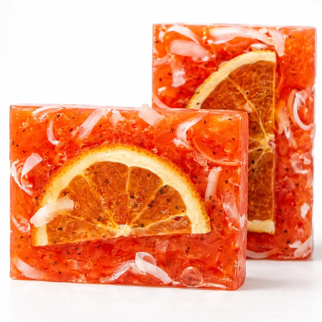 grapefruit-handmade-soap-natural-white-grapefruit Handmade grapefruit soap bars with dried citrus slice and poppy seeds on white background