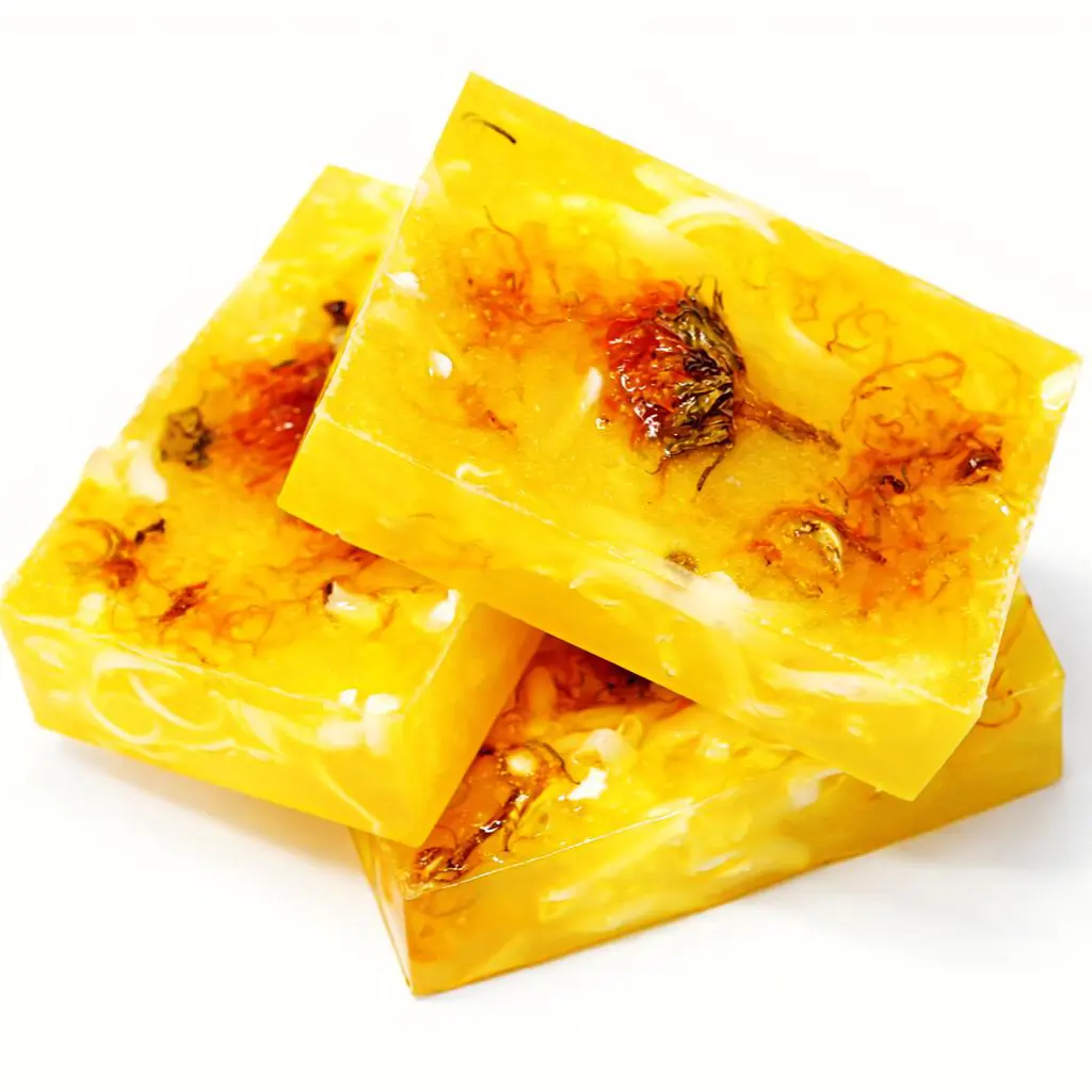 karina-naturals-golden-vanilla-soap-stack Stack of Handmade natural vanilla soap bar with dried flowers on white background