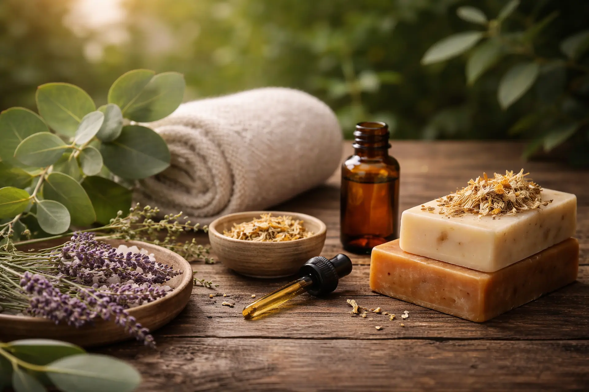 Natural handmade skincare ingredients including herbs, essential oils and artisan soap by Karina Naturals