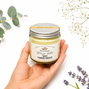 Karina Naturals mango butter body firming mousse with botanicals background