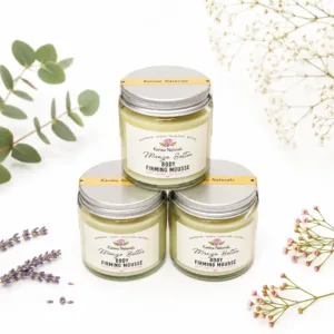 Karina Naturals mango butter body firming mousse with botanicals background