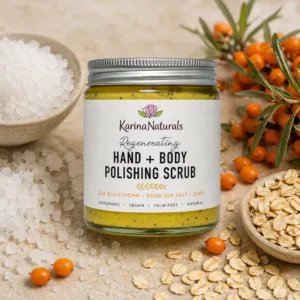 Karina Naturals regenerating hand and body polishing scrub with sea buckthorn, dead sea salt and oats in a glass jar on a natural background.