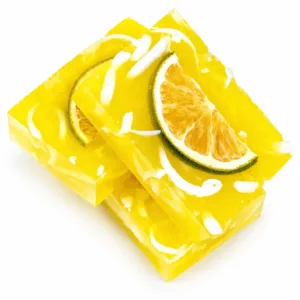 Handmade soap collection with lemon mint soap in focus, colourful natural soaps by Karina Naturals UK