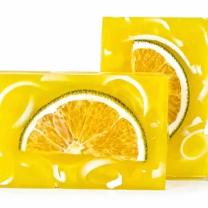 Two handmade lemon mint soap bars with citrus slices, natural artisan soap, Karina Naturals collection