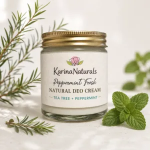 Karina Naturals handmade natural deodorant with peppermint and tea tree botanicals.