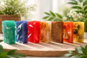 Colourful handmade natural soaps displayed on wooden tray Karina Naturals