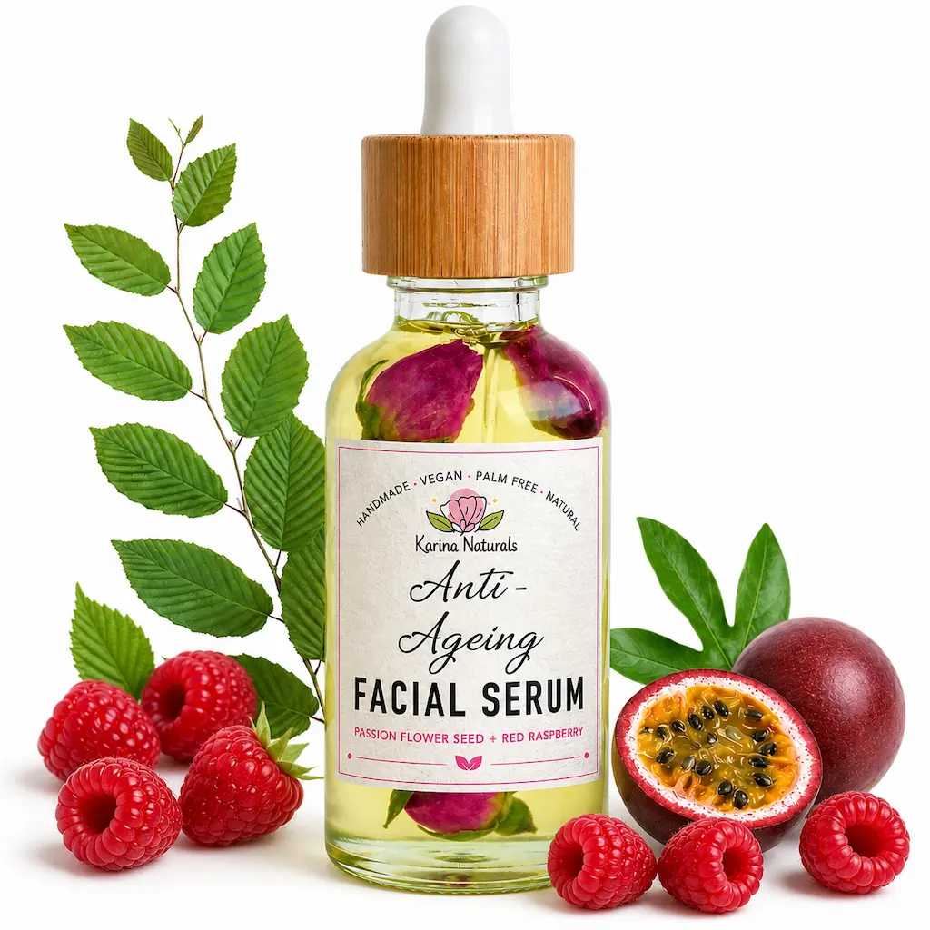 karina-naturals-facial-serum Karina Naturals anti-ageing facial serum with passion flower seed and red raspberry in a glass dropper bottle on a clean white background.