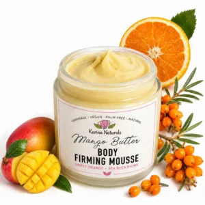 Karina Naturals mango butter body firming mousse with orange and mango background