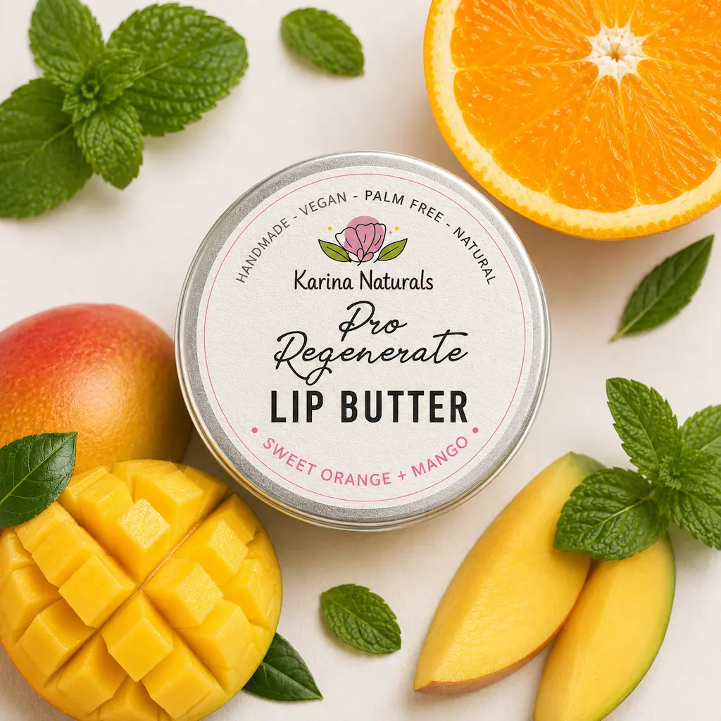Karina Naturals regenerate lip butter with mango and orange in the background