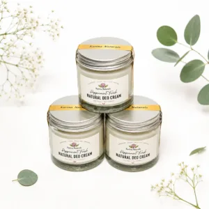 Karina Naturals handmade natural peppermint deodorant cream with botanicals in the background