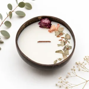 Karina Naturals relaxation therapy coconut shell candle handmade with natural coconut wax and botanicals