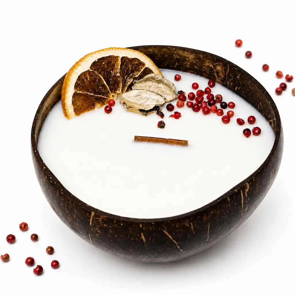 Karina Naturals sauvage coconut shell candle handmade with natural coconut wax and botanicals
