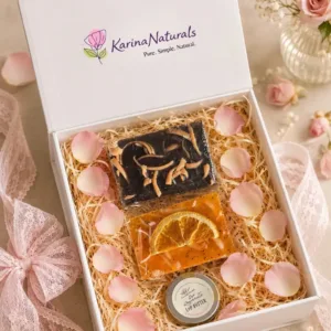 Karina Naturals Mini Gift Box set with sweet orange and blueberry soaps and lip butter handmade natural