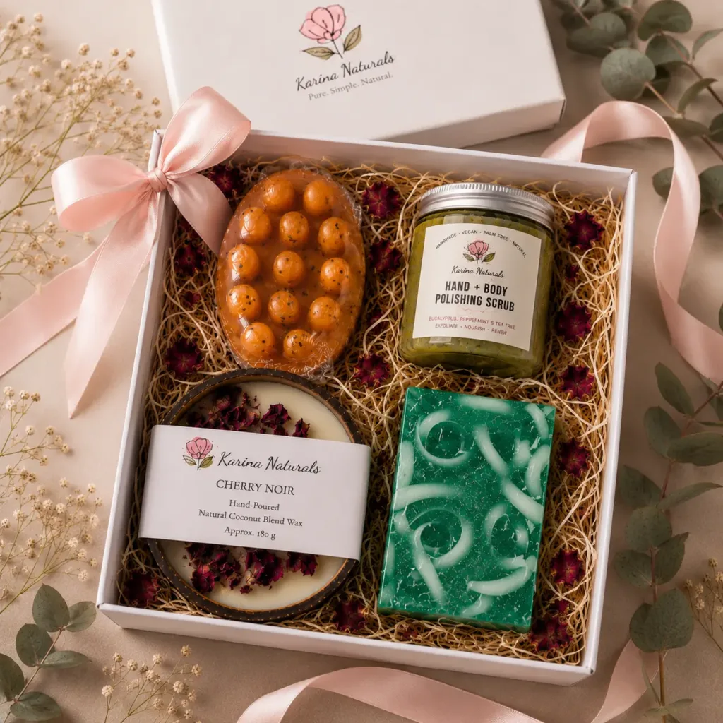 Karina Naturals handmade natural candle and soaps luxury gift box with botanicals in the background
