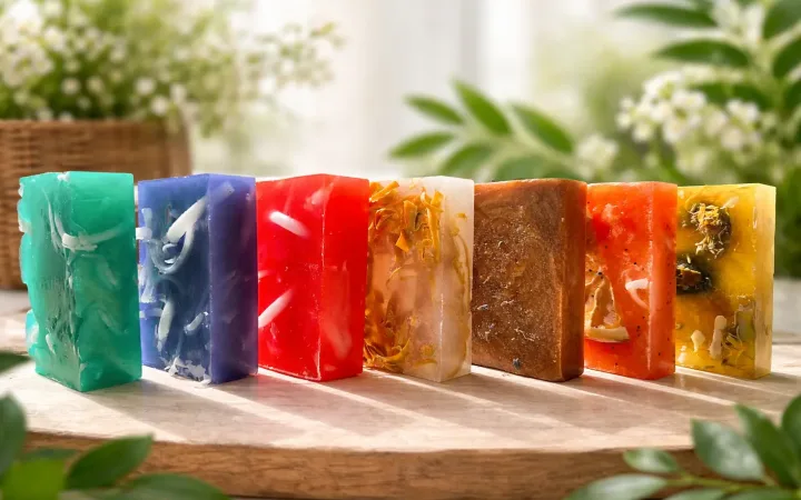 Colourful handmade natural soaps displayed on wooden tray Karina Naturals