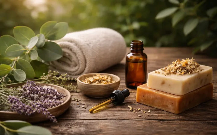 Natural handmade skincare ingredients including herbs, essential oils and artisan soap by Karina Naturals